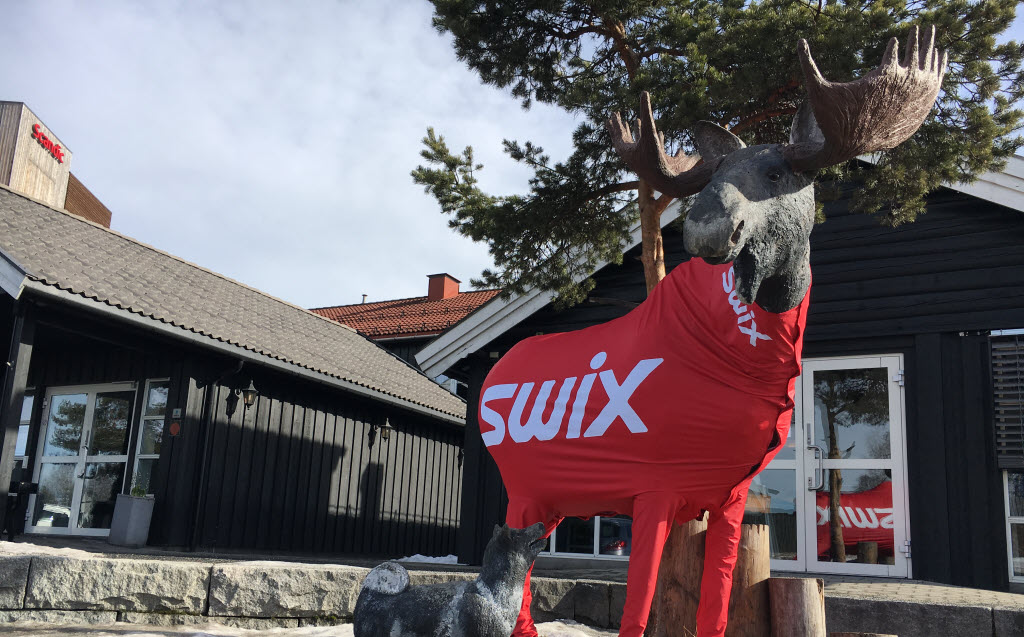 Elgstatue med Swix-drakt